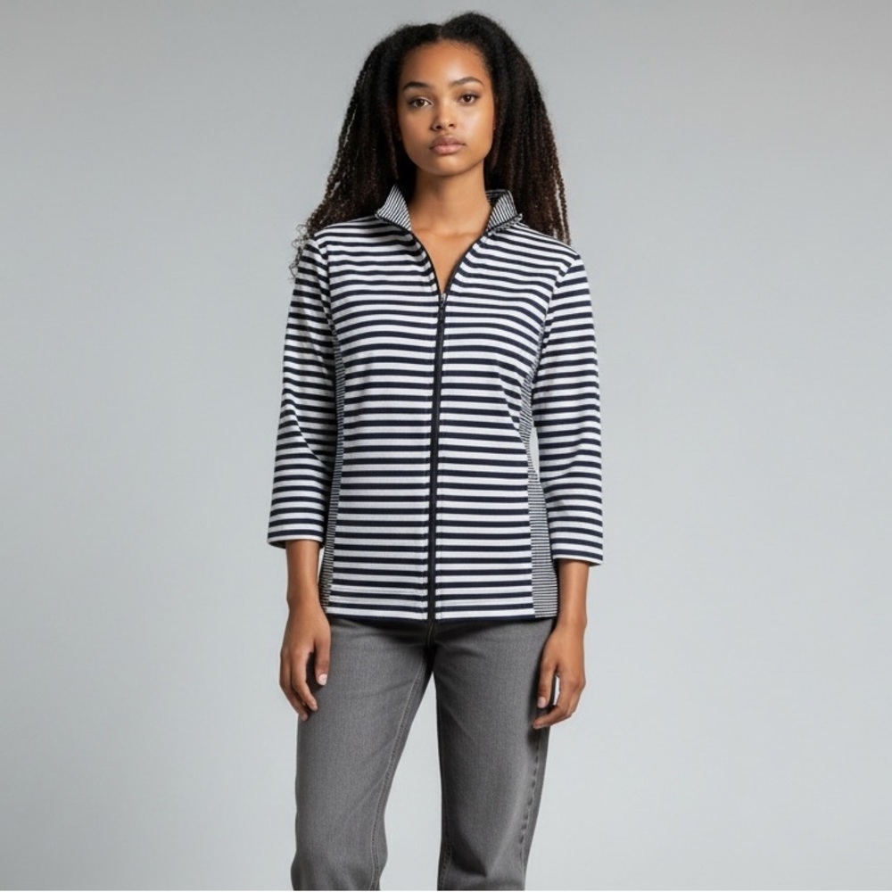 Croft & Barrow Zip Up Jacket Coat. Cotton Blend Blue White Stripe. Size L. #663